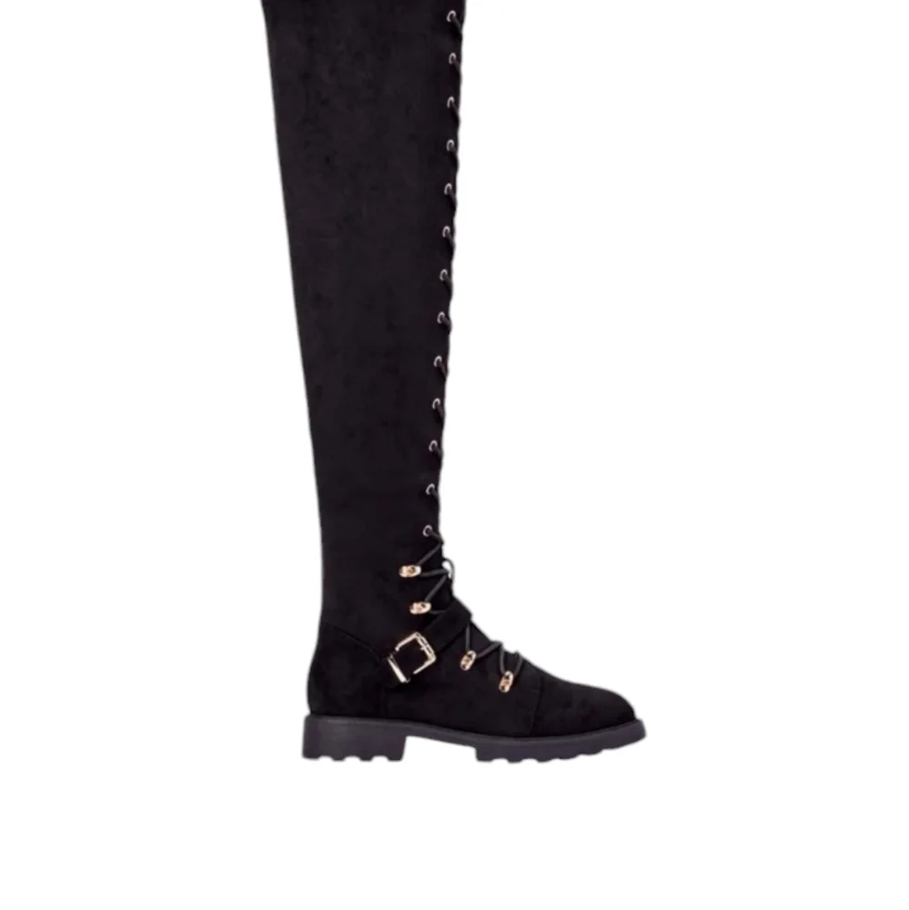Women's faux suede lace front buckle black high boots size 6